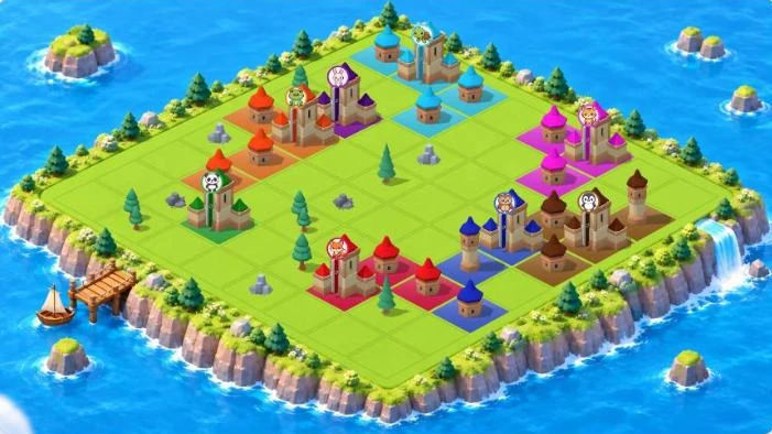 Brainonia Kingdoms mode on the classroom screen: an island board split into team kingdoms with houses, towers and castles